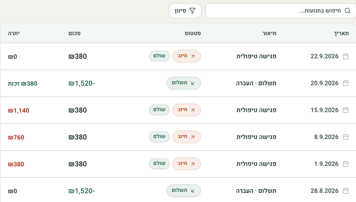 שורות חיוב ותשלום בתיק המטופל, עם סטטוס וסכום לכל שורה